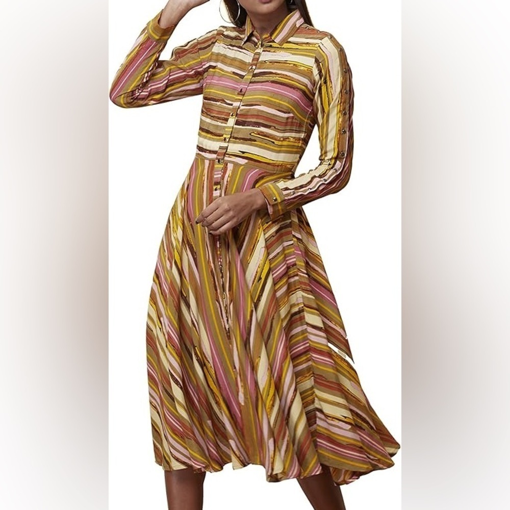 Label Ritu Kumar 100% viscose marine stripe multi spring snap down dress midi